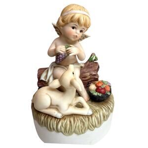 Enesco Music Box Talk To The Animals Cherub Angel Deer Fruit Basket Ceramic 1984
